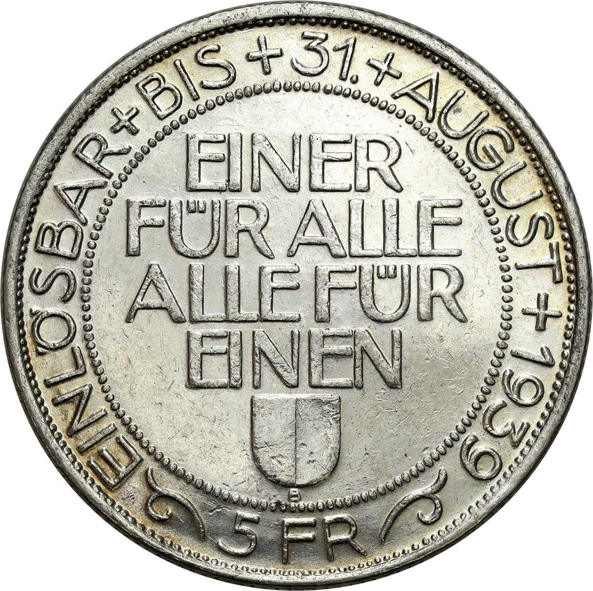 Szwajcaria. 5 franków 1939, Bern, Festiwal Strzelecki
